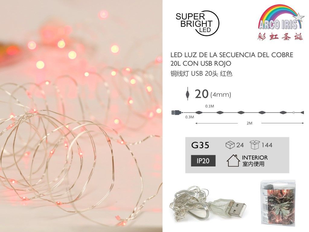 Luz de secuencia de cobre 20L con USB rojo 2m - Decoración LED