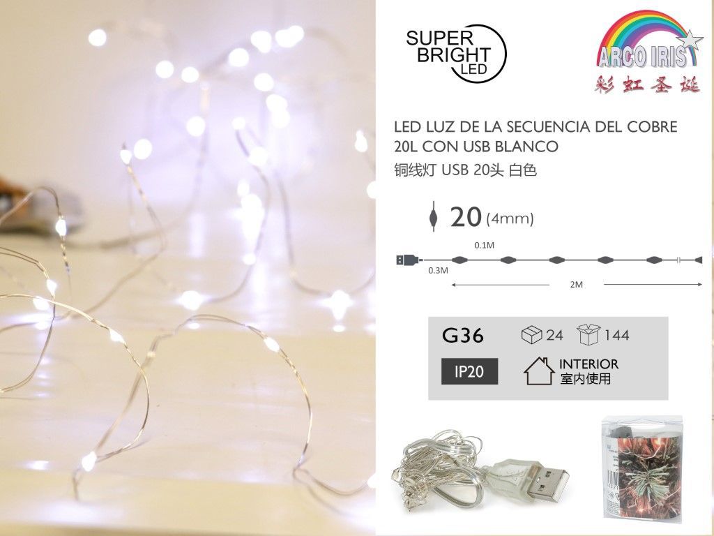 Luces LED de cobre USB blancas 20L 2M - Decoración navideña