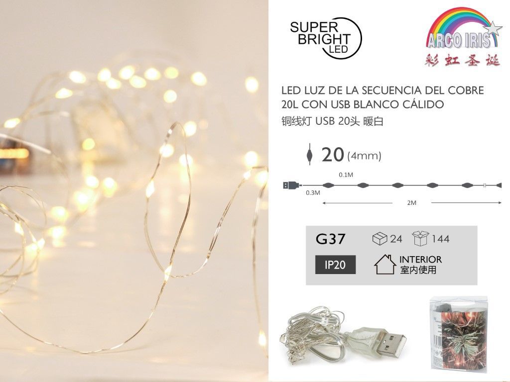 Luz de secuencia de cobre 20L con USB blanco cálido 2m - Decoración LED