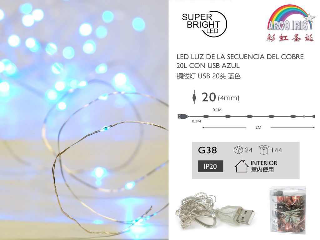 Luz de secuencia de cobre 20L con USB azul 2m - Decoración LED