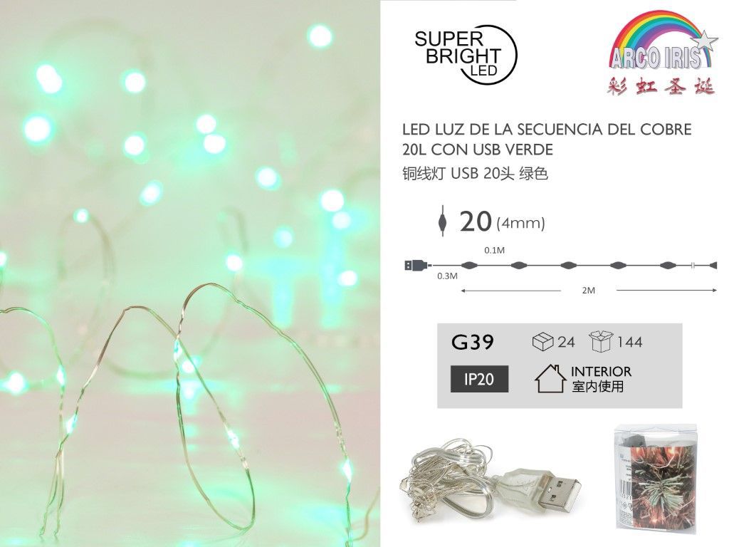 Luces LED de cobre USB verdes 20L 2M - Decoración navideña