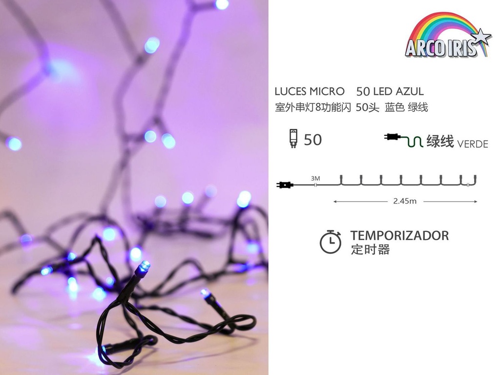 Luz de guirnalda 50 LED azul - Iluminación navideña para exteriores