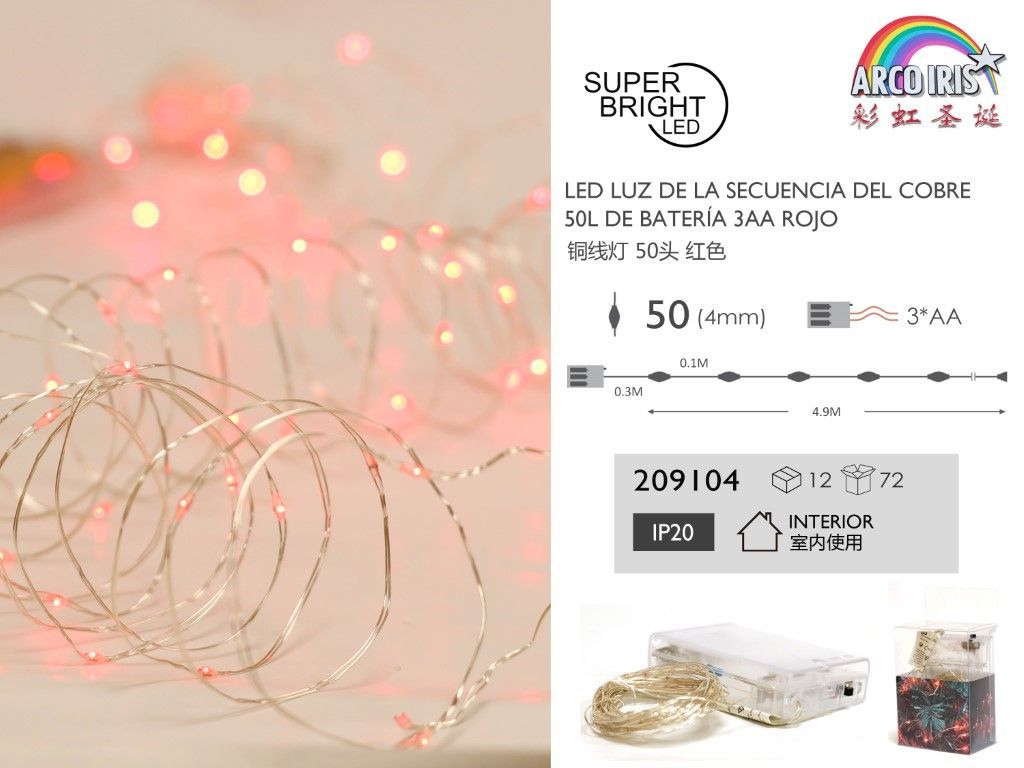 Luz de secuencia de cobre 50 luces rojas con cable plateado - LED para decoración navideña