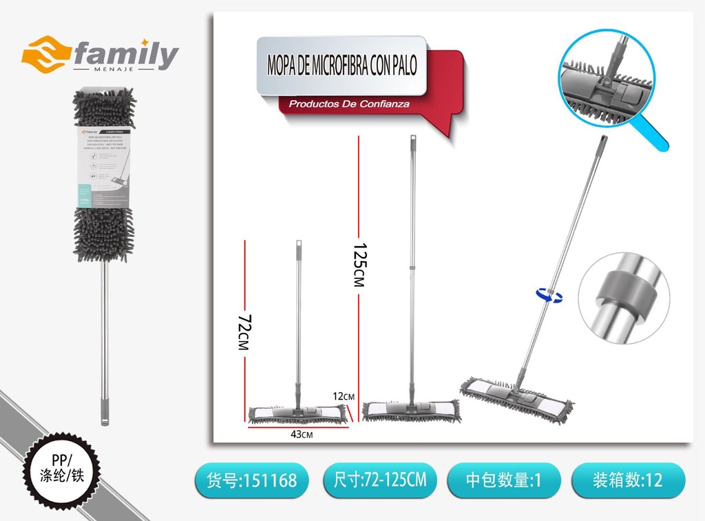 Mopa de microfibra con palo de acero inoxidable gris 72-125cm - Artículos de limpieza
