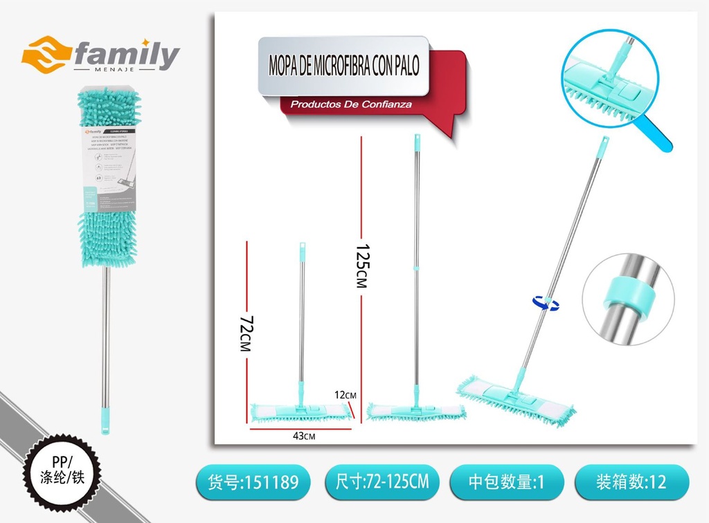 Mopa de microfibra con palo de acero inoxidable azul 72-125cm - Artículos de limpieza