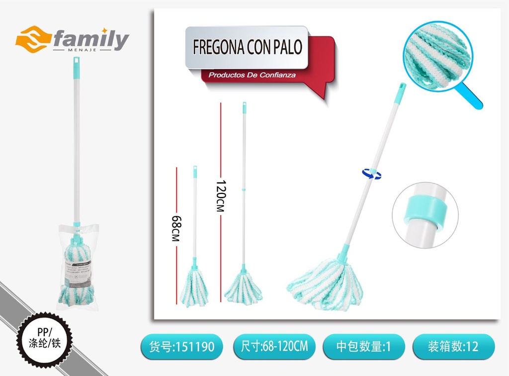 Fregona con palo azul 68-120 cm - Utensilios de limpieza
