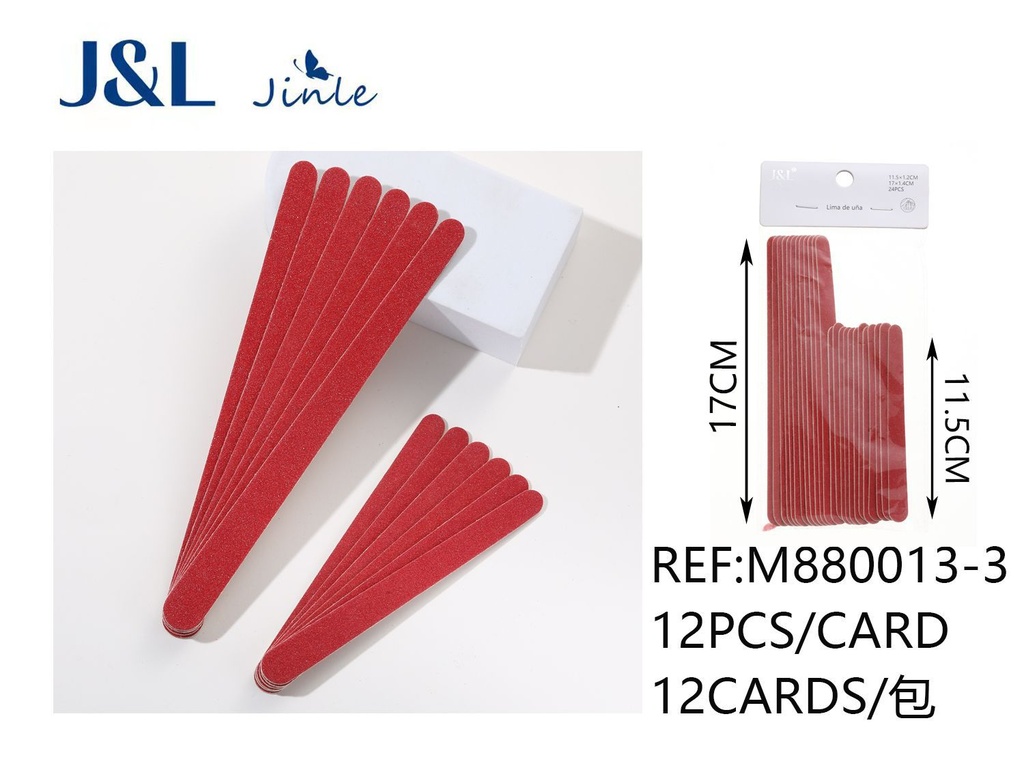 Lima de uñas de madera - 11.5x1.2cm + 17x1.4cm, rojo, set de 12 piezas