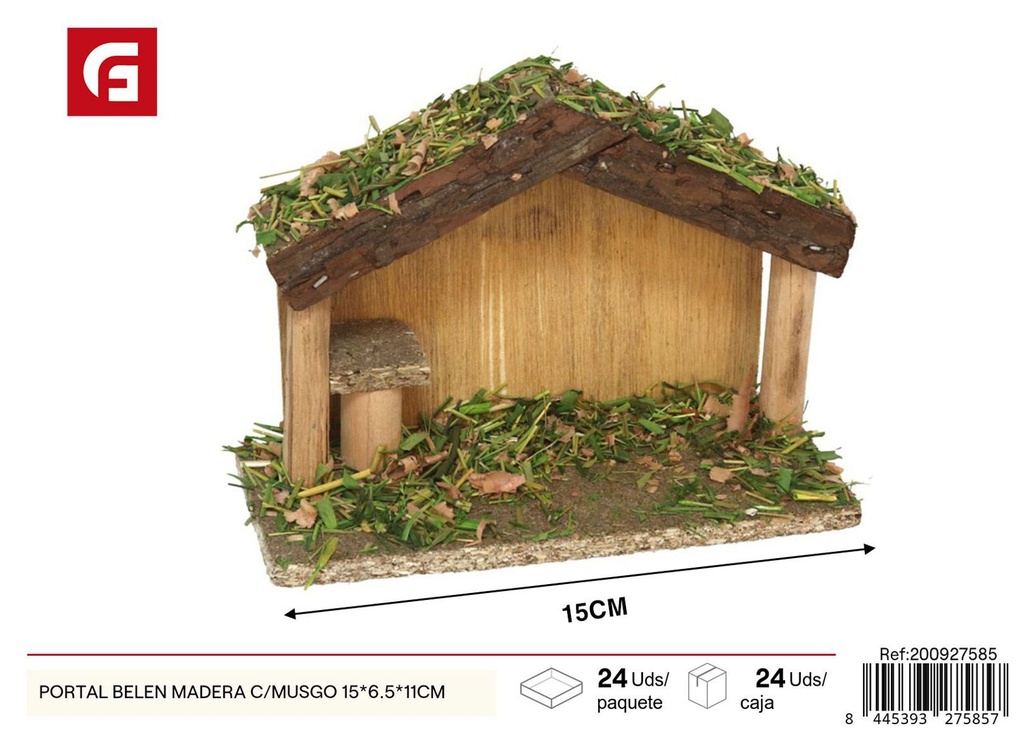 Portal Belen de madera con musgo 15x6.5x11 cm - Accesorios navideños