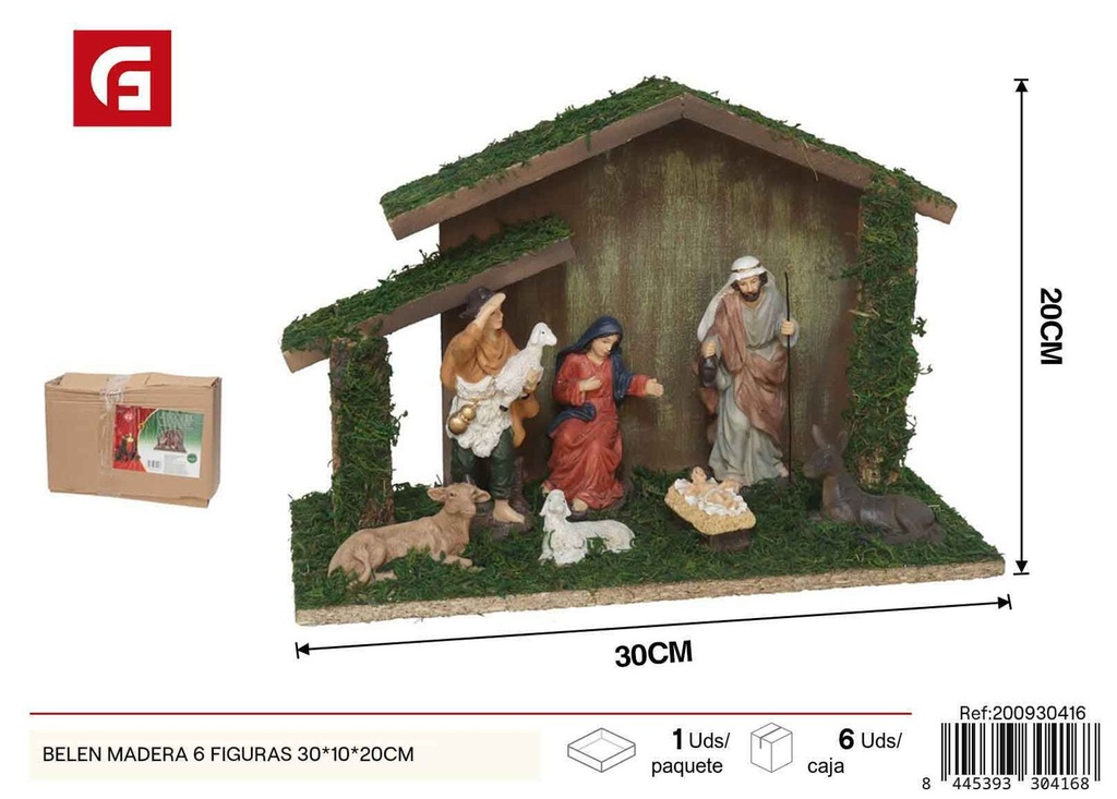 Portal de Belén madera 6 figuras 30x10x20cm - Figuras navideñas