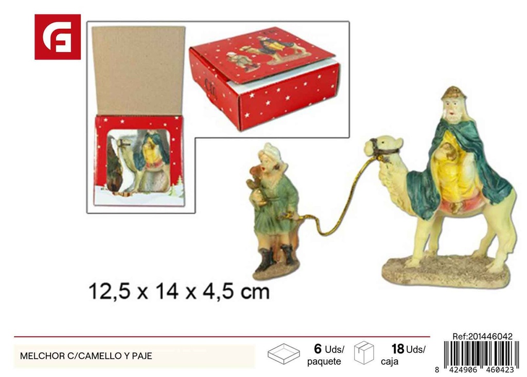 Figura de Melchor con camello y paje - Escenografía de belén navideño