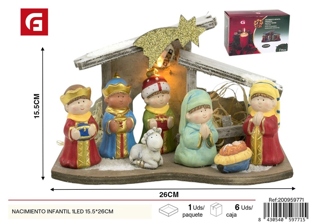 Nacimiento infantil con luz 15.5x26 cm - Figuras de decoración navideña