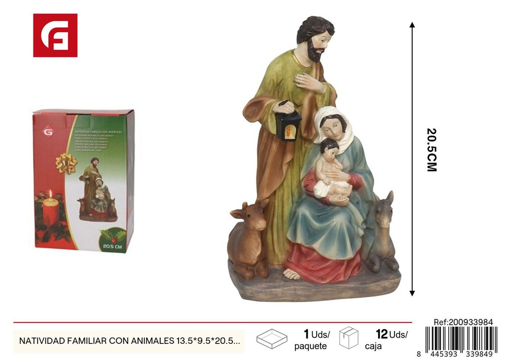 Figura de la familia de la natividad con animales 13.5x9.5x20.5 cm - Decoración navideña