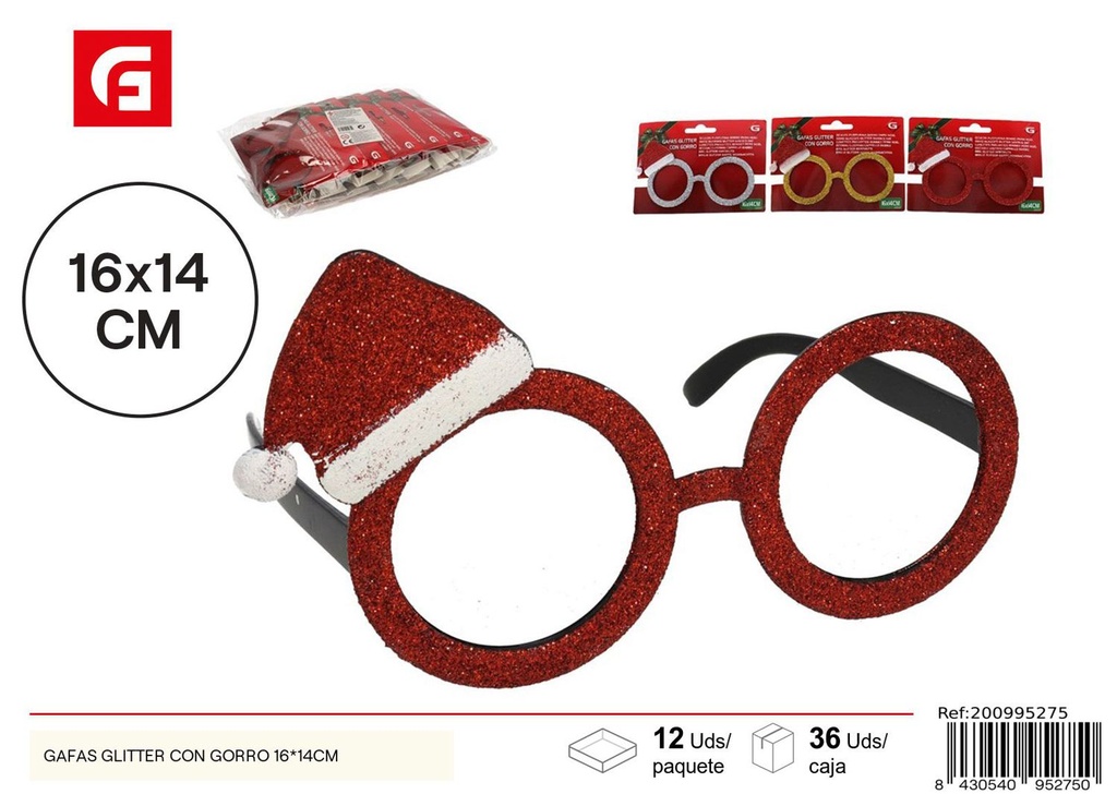  Gafas navideñas con brillo y gorro 16x14cm - Divertidos accesorios de Navidad