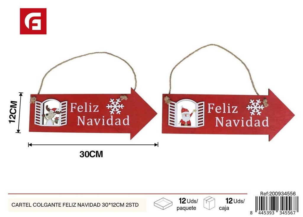 CARTEL COLGANTE FELIZ NAVIDAD 30x12 cm - Adornos navideños