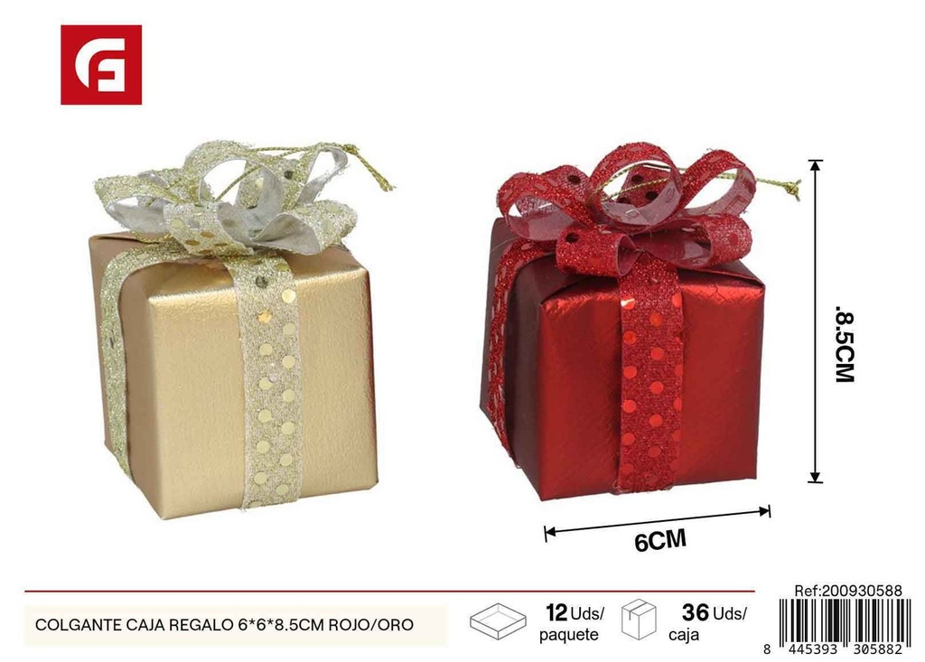 Colgante caja regalo 6x6x8.5cm rojo/oro - Adornos navideños