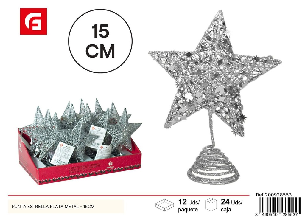 Estrella de metal plateada 15cm para árbol - Decoración de navidad y estrellas