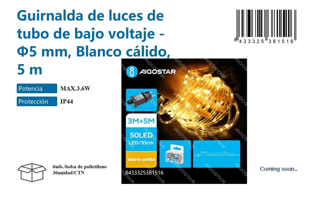 Guirnalda bajo voltaje luz cálida 5 m - Decoraciones navideñas