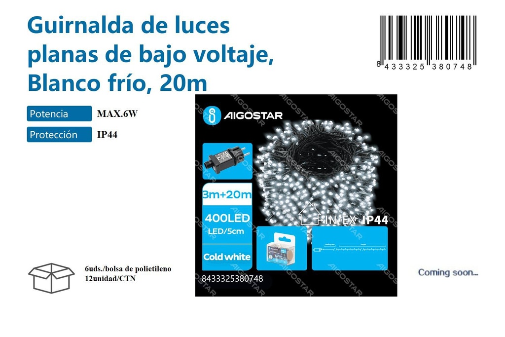 Gurinalda de luz de bajo voltaje 20m blanca fría - Decoración navideña