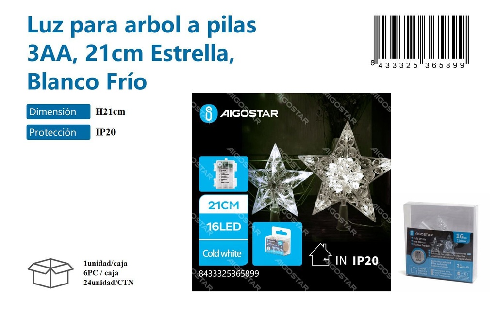 Luz para árbol 21cm estrella blanco frío - Decoraciones navideñas e iluminación