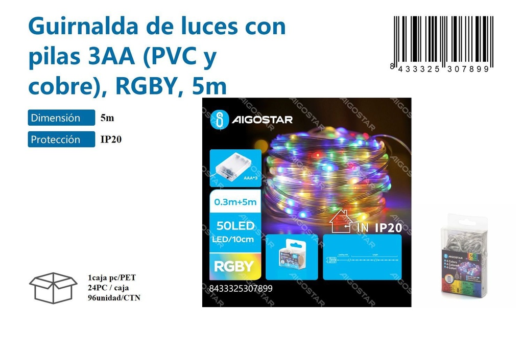 Guirnalda de luces con pilas RGBY 5M - Decoración navideña