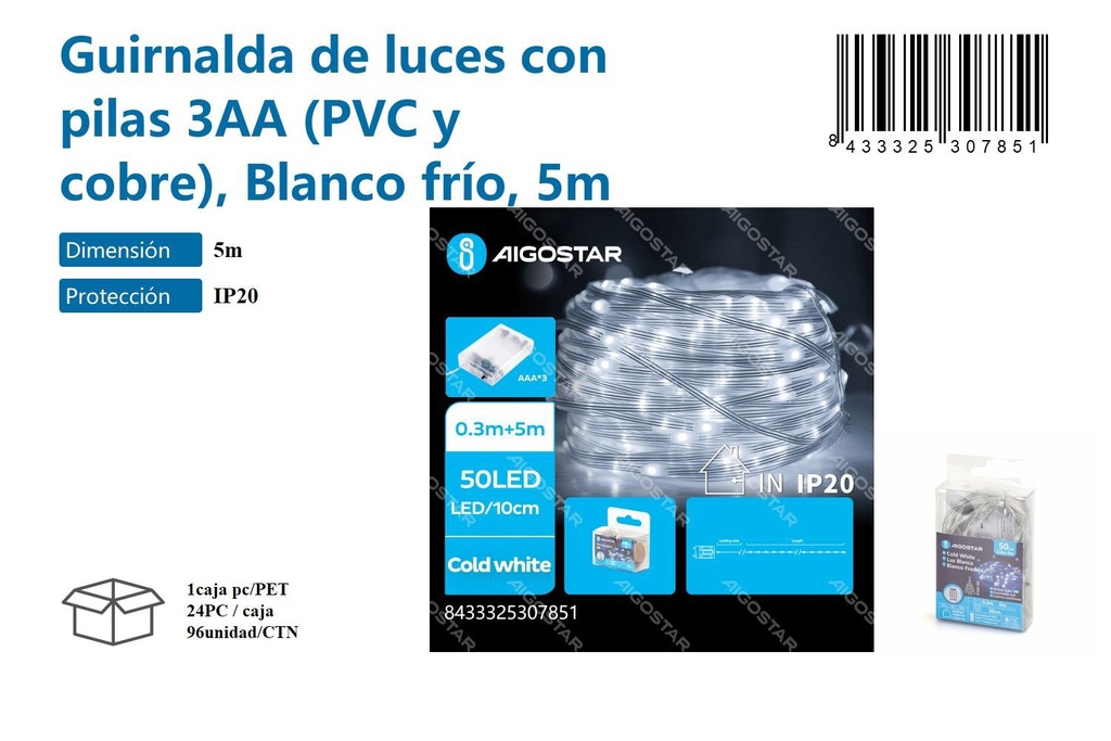 Guirnalda de luces con pilas 3AA blanco frío 5M - Iluminación navideña