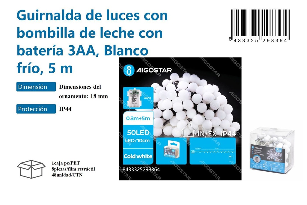 Guirnalda de luces con bombilla de leche con batería 3AA blanco frío 5M - Iluminación decorativa