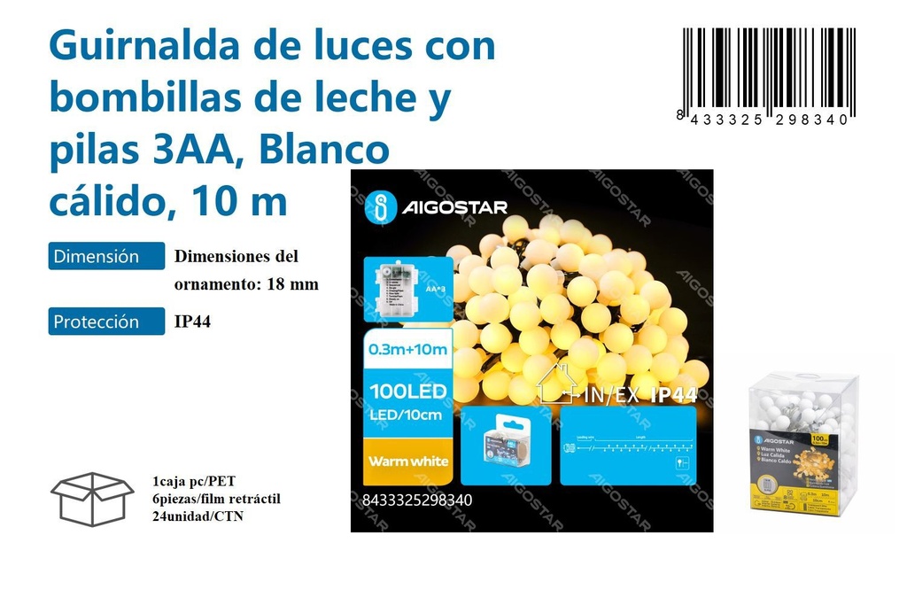 Guirnalda luces con bombillas de leche y pilas 3AA blanco cálido 10M - Decoración luminosa