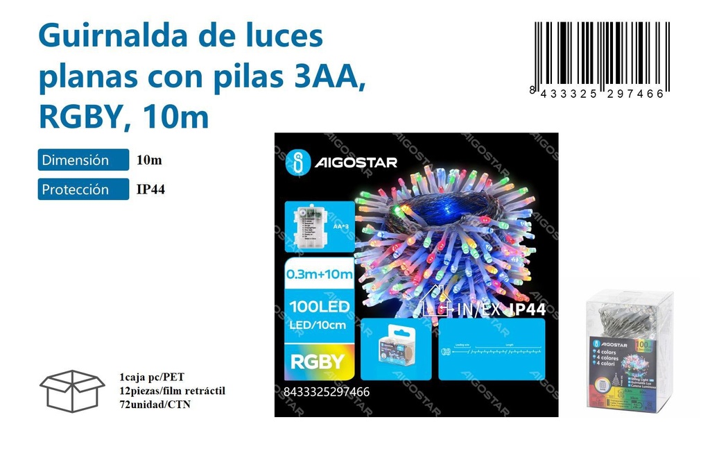 Guirnalda de luces planas con pilas 3AA RGB 10m - Decoración navideña