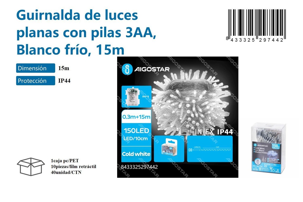 Guirnalda de luces planas con pilas 3AA blanco frío 15M - Decoración luminosa para Navidad