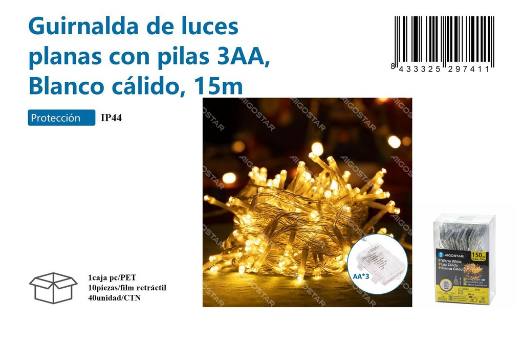 Guirnalda luz cálida 15M - Decoración luminosa para Navidad