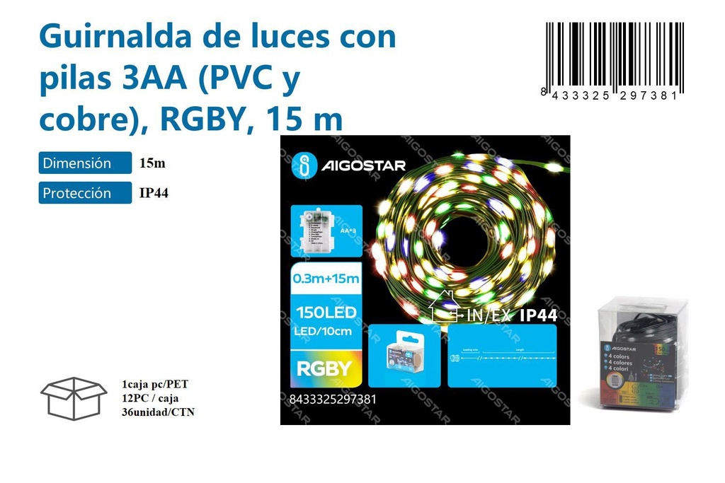 Guirnalda de luces con pilas RGB de 15m - Decoración navideña