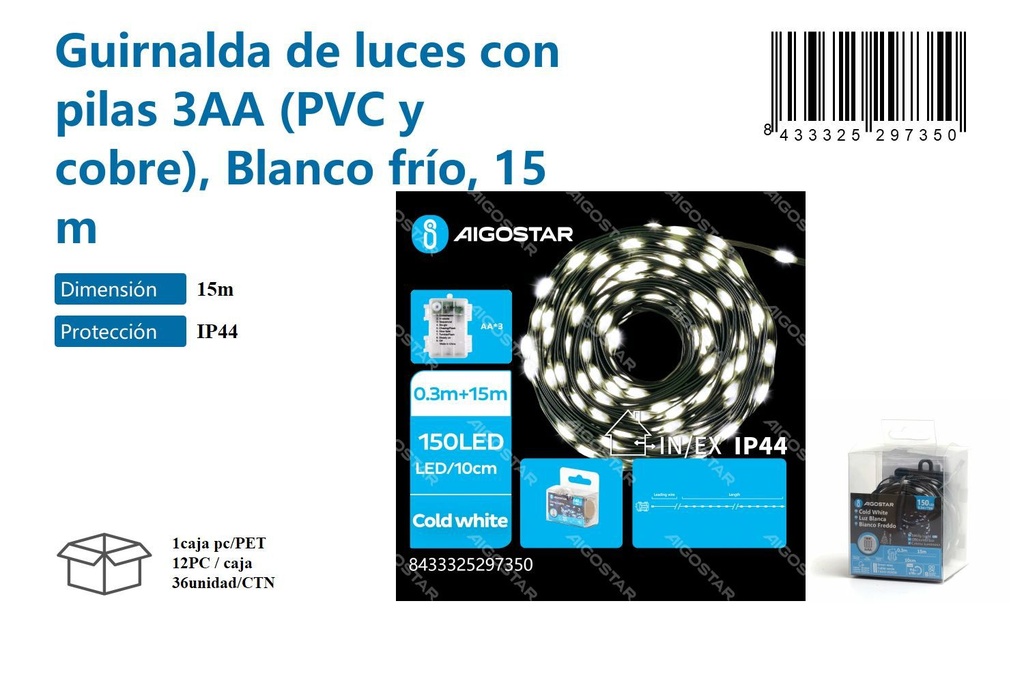 Guirnalda de luces con pilas 3AA blanco frío 15M - Iluminación navideña