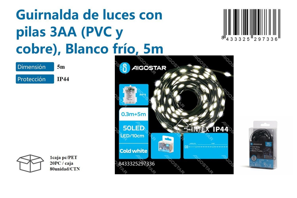 Guirnalda de luces con pilas 3AA blanco frío 5M - Iluminación navideña