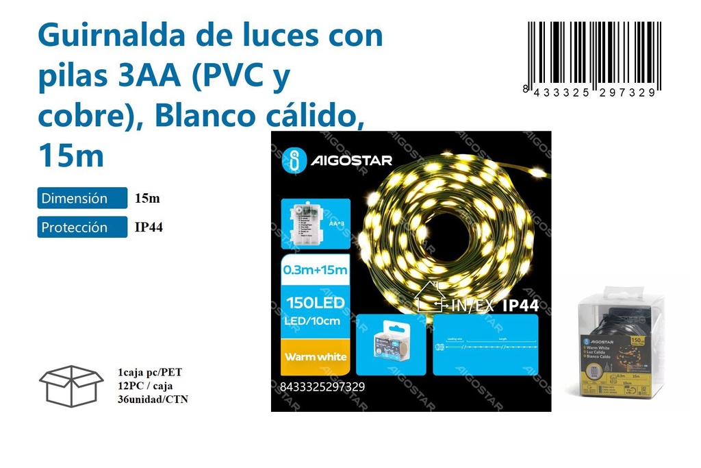 Guirnalda de luces con pilas blancas cálidas de 15m - Decoración navideña