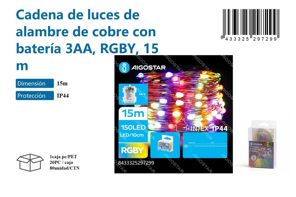 Cadena de luces de alambre de cobre con batería 3AA RGBY 15 m - Decoraciones navideñas