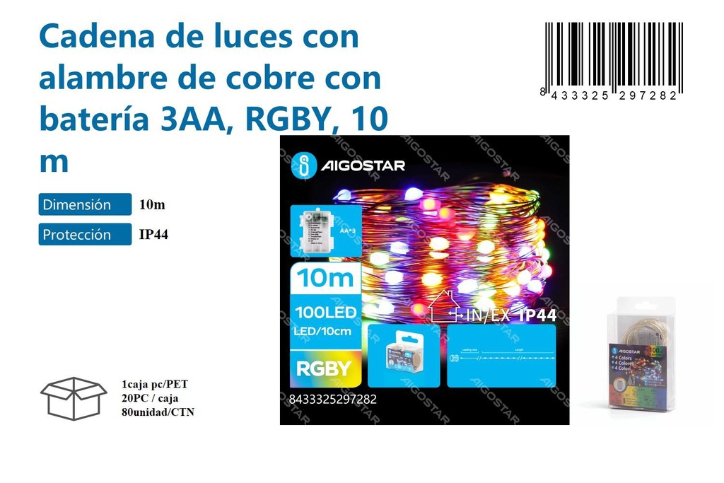 Cadena de luces con alambre de cobre con baterías 3AA RGB 10m - Decoración navideña