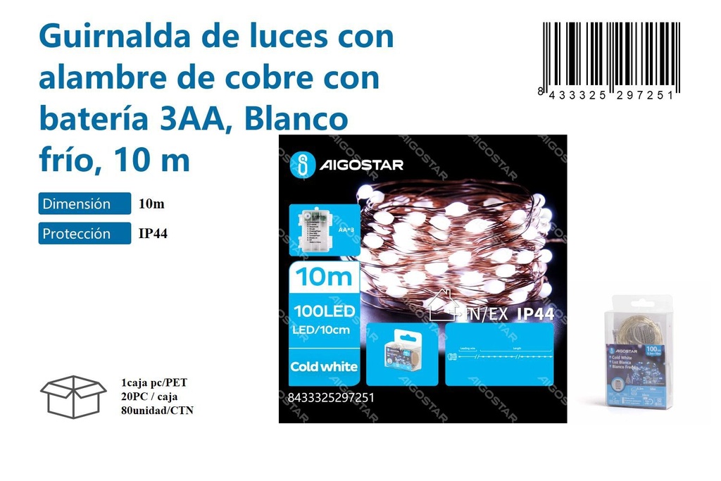 Guirnalda de luces con alambre de cobre con baterías 3AA blanco frío 10m - Decoración navideña