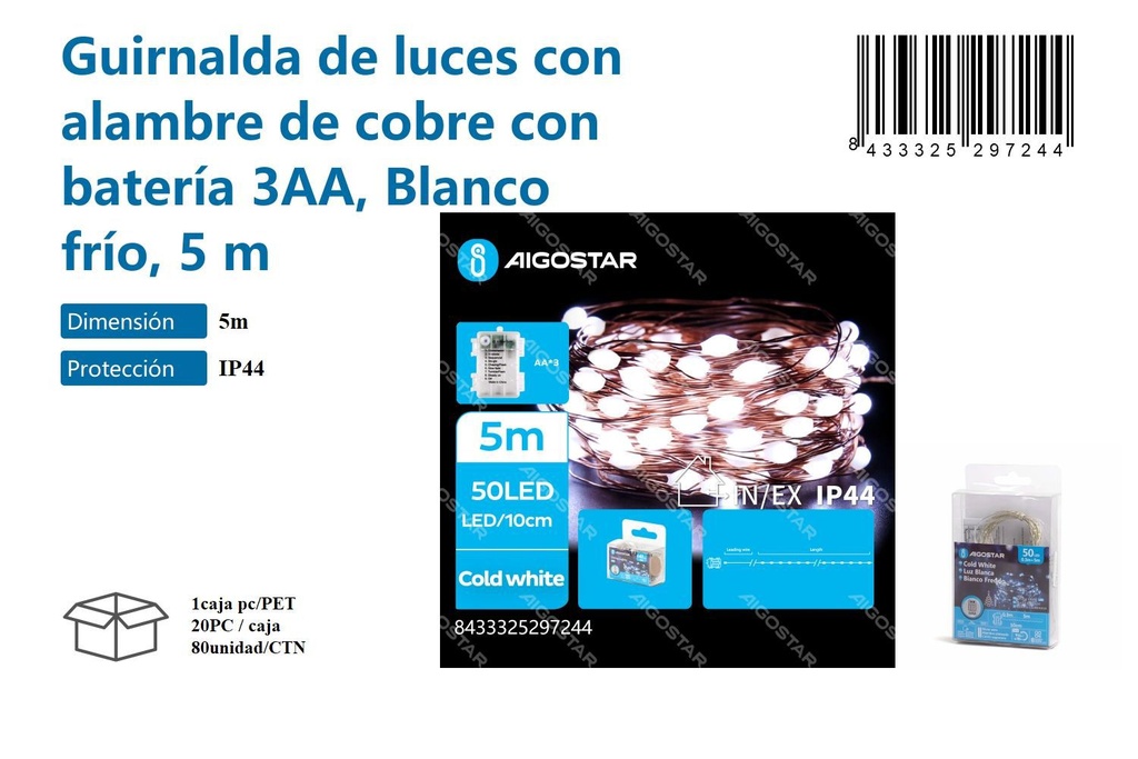 Guirnalda de luces con alambre de cobre con batería 3AA blanco frío 5M - Luces decorativas de Navidad