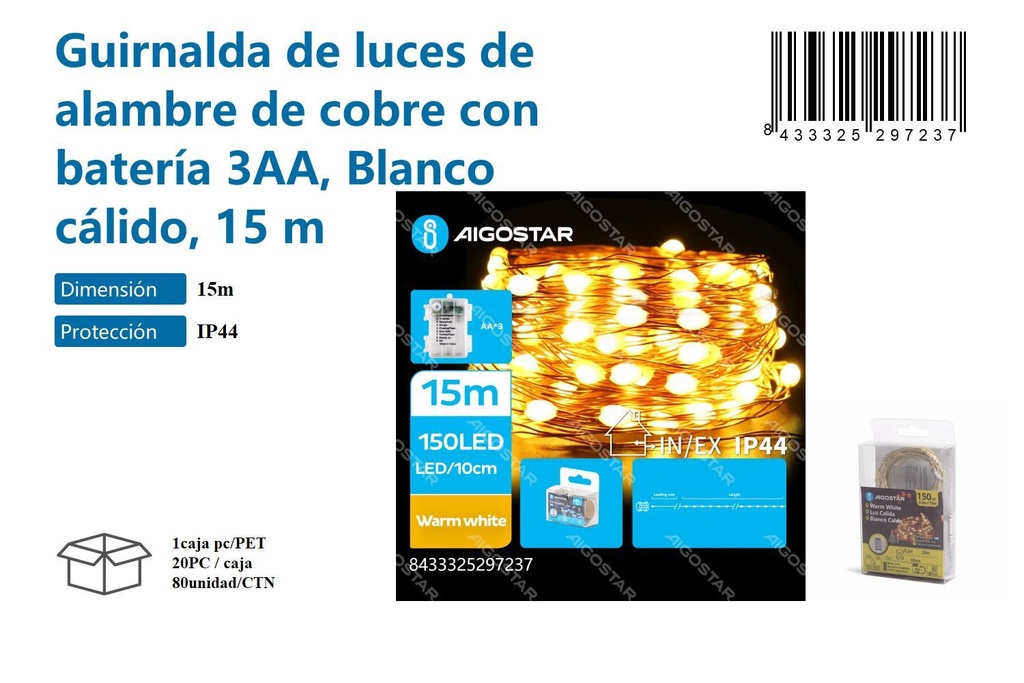 Guirnalda de luces de alambre de cobre con batería 3AA, blanco cálido 15 m - Iluminación navideña