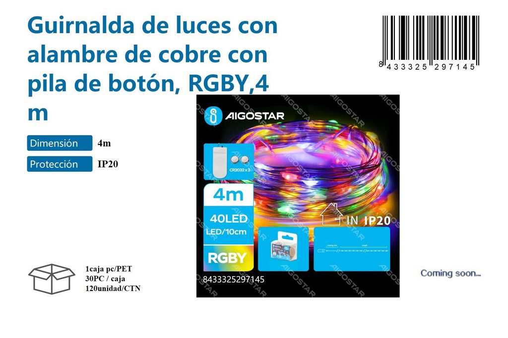 Guirnalda de luces con alambre de cobre con pila de botón RGB 4M - Decoración navideña