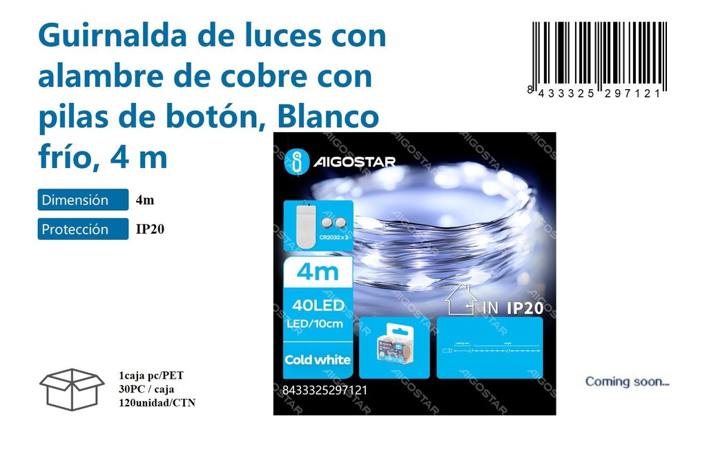 Guirnalda de luces con alambre de cobre con pilas botón blanco frío 4M - Decoración navideña