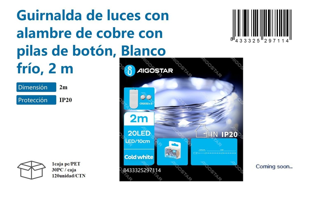 Guirnalda de luces con alambre de cobre y pilas botón blanco frío 2M - Luces decorativas para Navidad