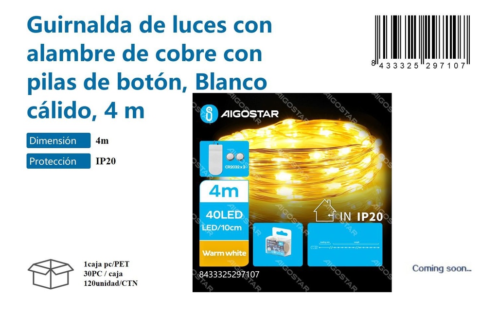 Guirnalda de luces con alambre de cobre con pilas de botón blanco cálido 4M - Decoración navideña