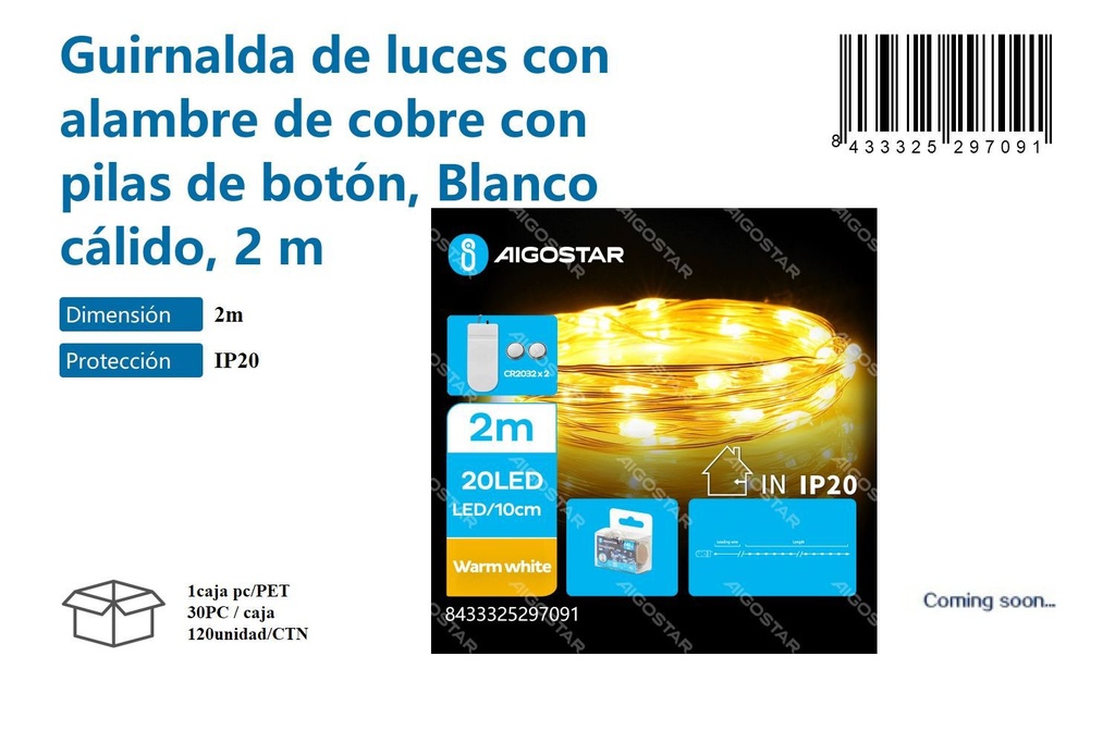 Guirnalda de luces con alambre de cobre y pilas botón blanco cálido 2M - Luces decorativas para Navidad