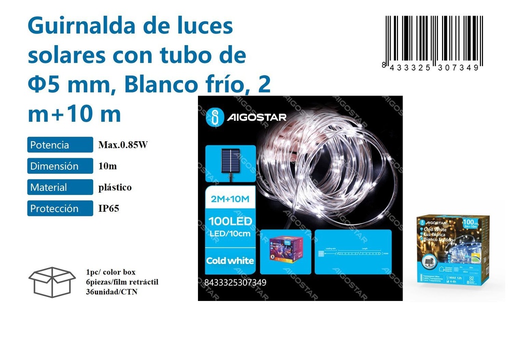 Guirnalda de luces solares con tubo de F5 mm blanco frío 2m+10m