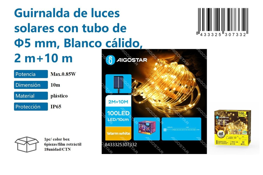 Guirnalda de luces solares con tubo de F5 mm blanco cálido 2m+10m