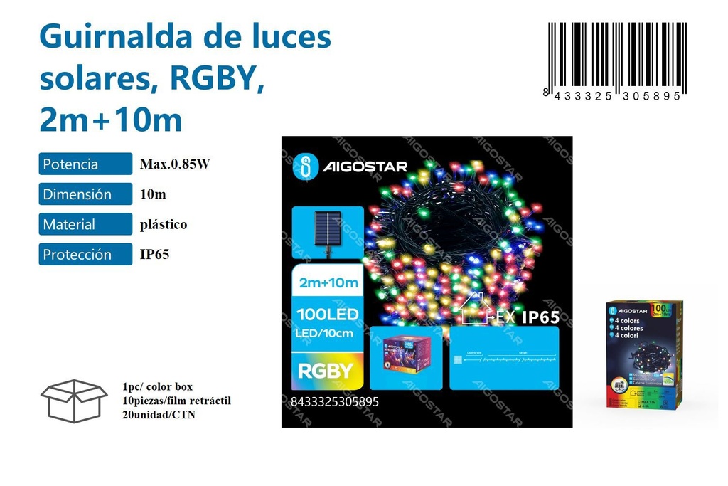 Guirnalda de luces solares RGB 2m + 10m - Decoración navideña