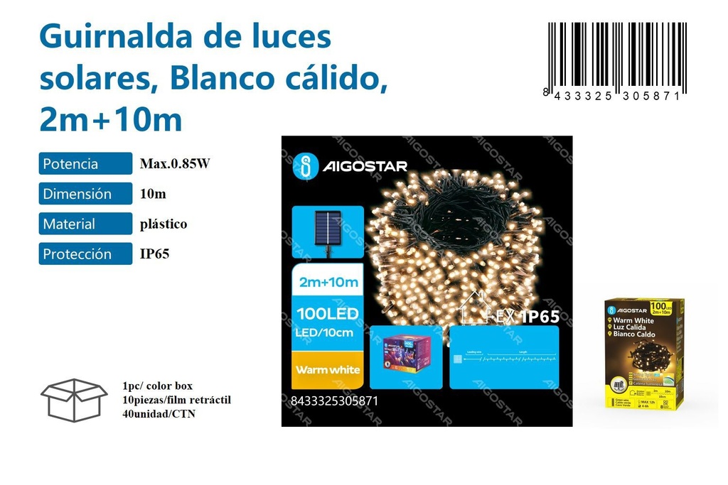 Guirnalda de luces solares blanco cálido 2m + 10m - Decoración navideña