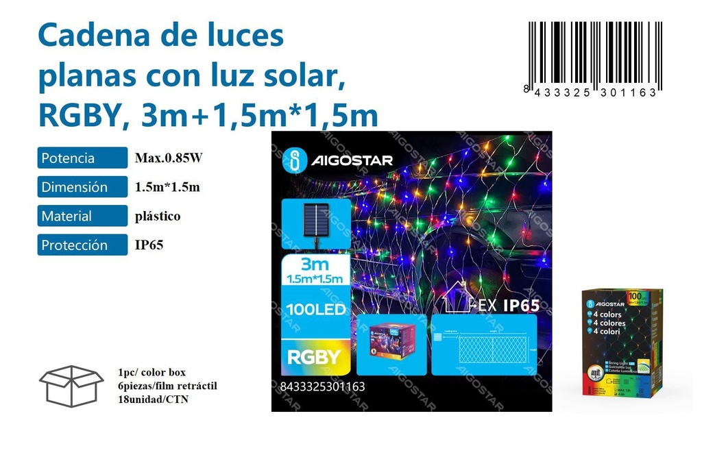 Guirnalda de luces planas con luz solar RGB 3m+1.5m - Decoración navideña