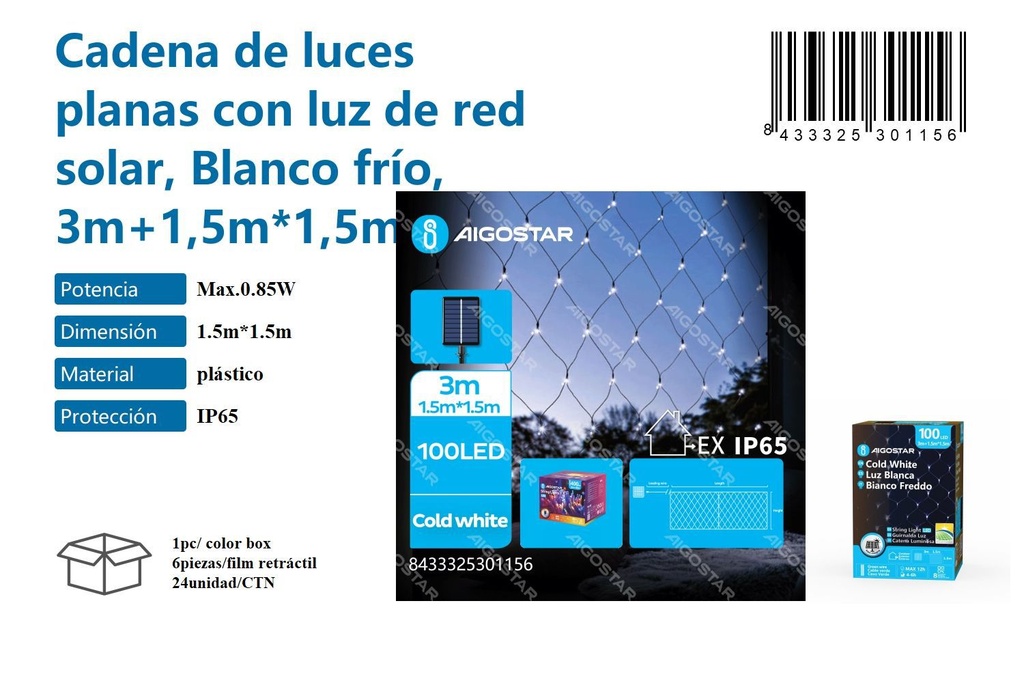 Cadena de luces planas con luz de red solar blanco frío 3M+1,5M*1,5M - Iluminación decorativa